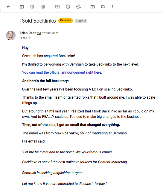 Semrush收购Brian Dean创办的SEO培训网站Backlinko(金额未知)